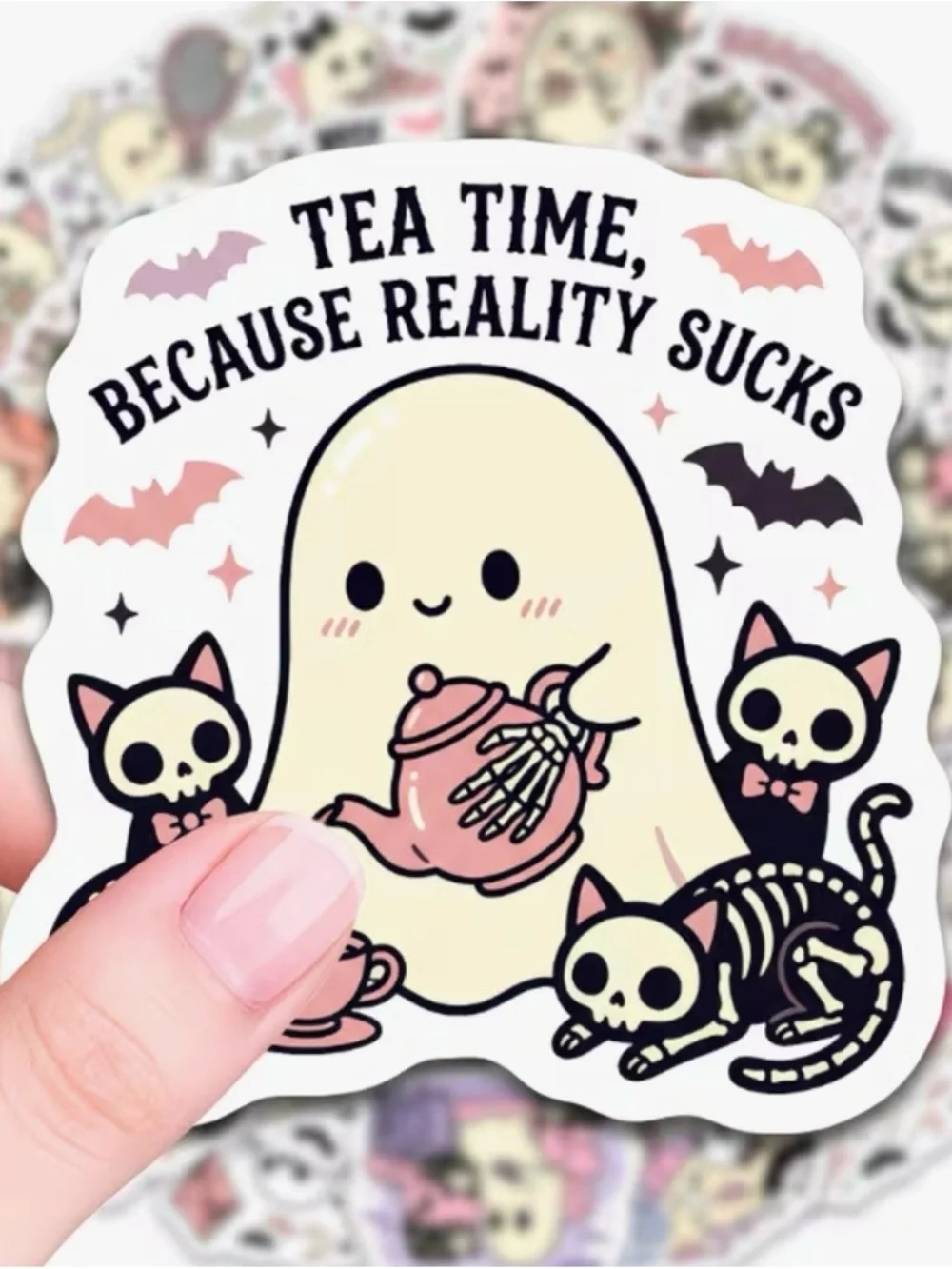50 Cute Ghost & Her 3 Pet Cats Stickers Busy Kitty Because Reality Sucks' Pink